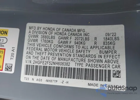 2022 Honda Civic Sport z USA, uszkodzony, nr VIN 2HGFE2F52NH606382